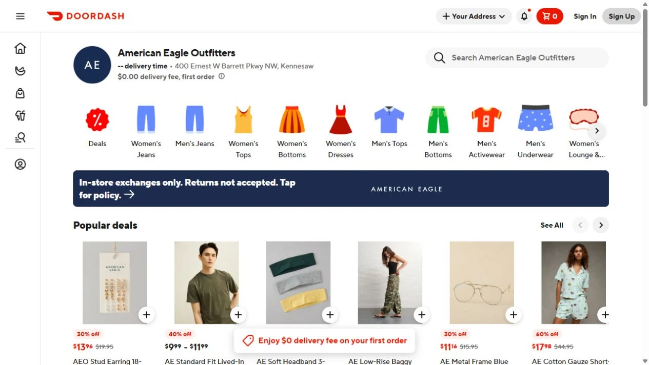American Eagle clothing storefront on DoorDash