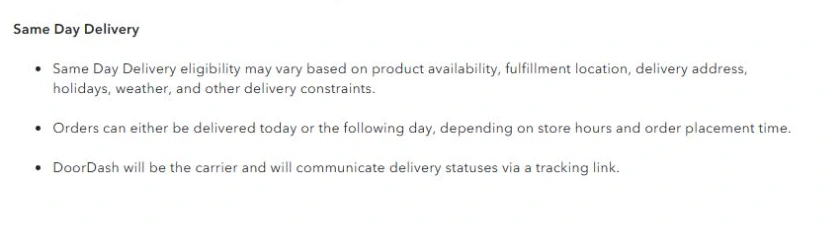 AEO.com help page describing Same Day Delivery and DoorDash as the delivery carrier