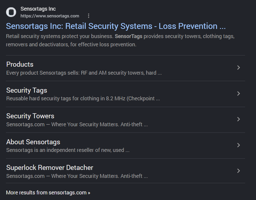 Google result for SensorTags with sitelinks to Products, Security Tags, Security Towers, About Sensortags and Superlock Remover Detacher