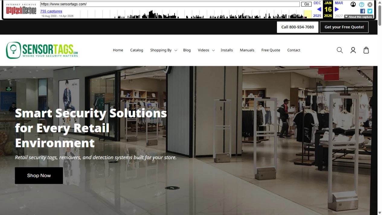 January 2026 SensorTags homepage with Wayback toolbar, black contact strip and a retail security hero image